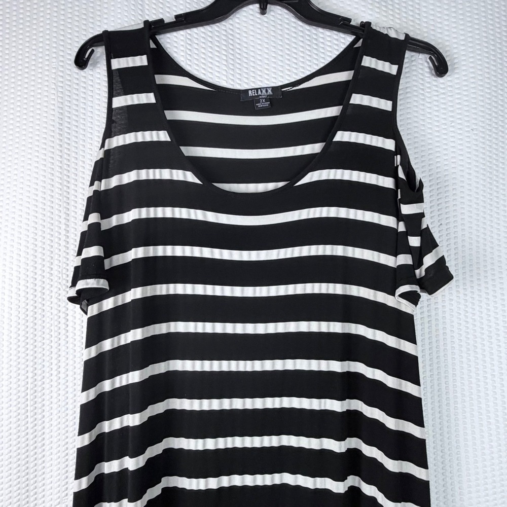 RELAXX Womens 2X Black White Striped Cold Shoulder Maxi Dress Short Sleeve‎